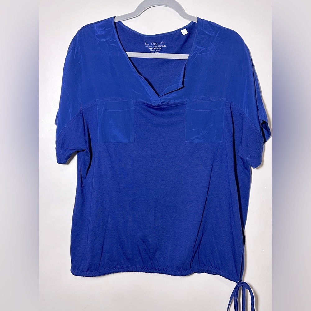 Chico's Blue Cotton Modal Silk Blend Short Sleeve Elastic Tie Bottom Top  Sz (L)